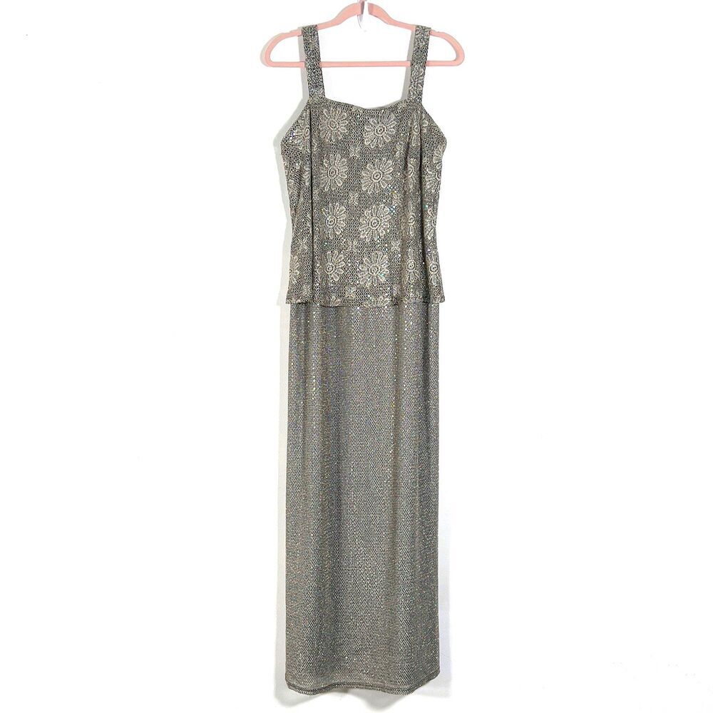 Onyx Nite Evening Maxi Strappy Formal Dress Sz 14 Gold Floral‎ Sequined Metallic